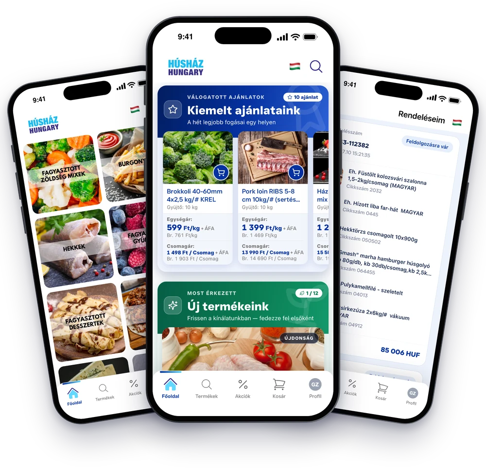 A Húsház app főoldala, kategóriái és rendelései
